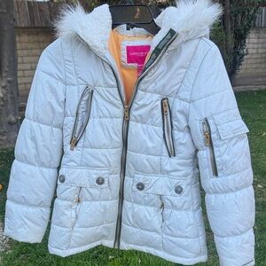 London Fog Light Gray Quilted Hooded Puffer Jacket with Faux Fur Trim
